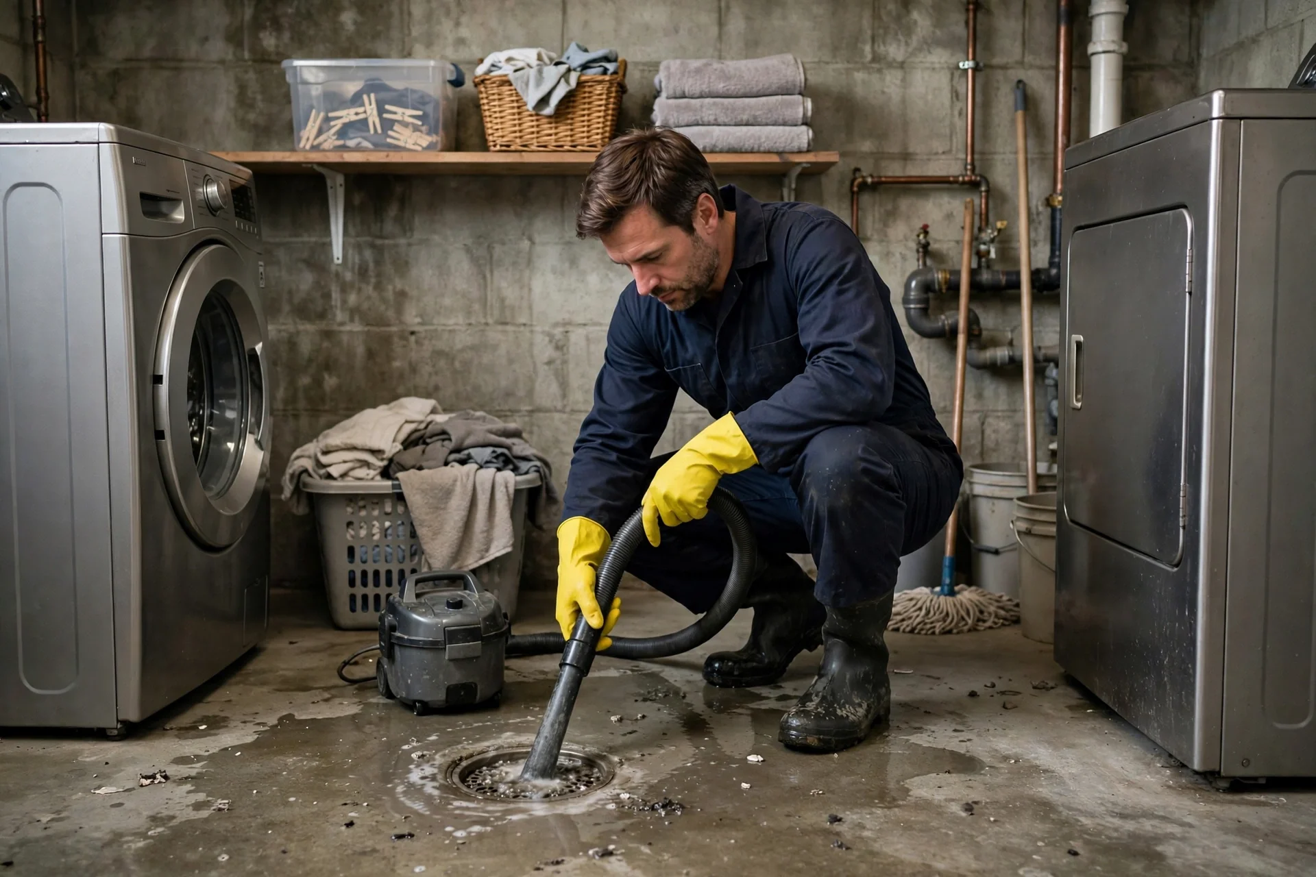 Worker clearing a backed-up basement floor drain