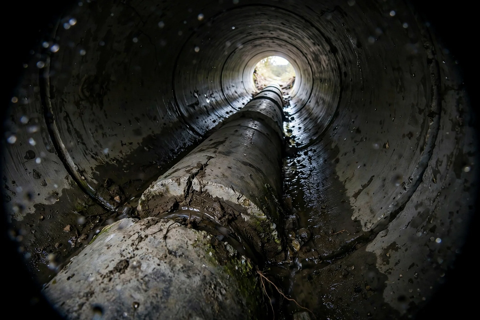 Camera view inside a sewer pipe