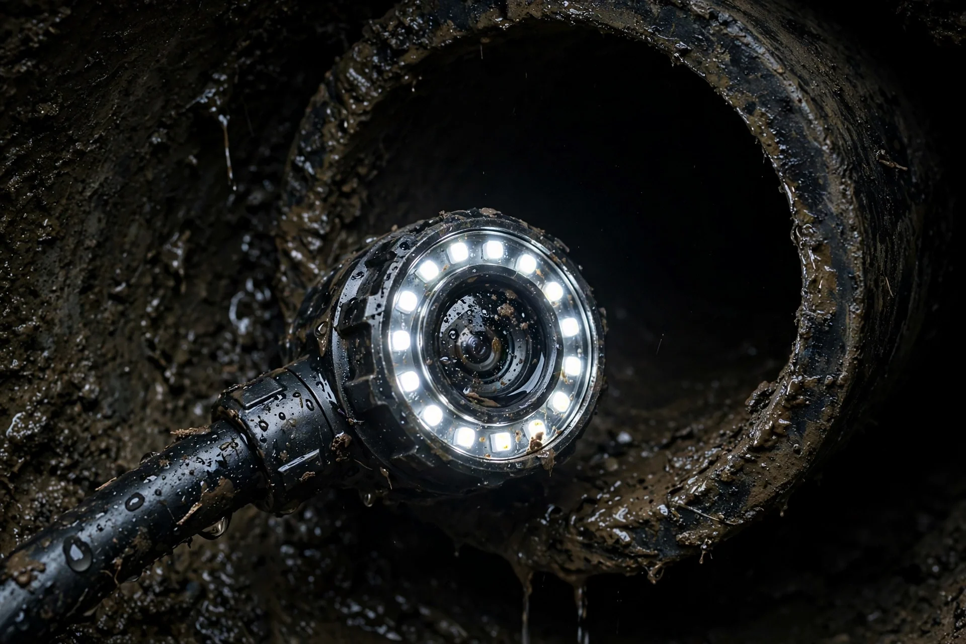 Sewer camera head entering a pipe