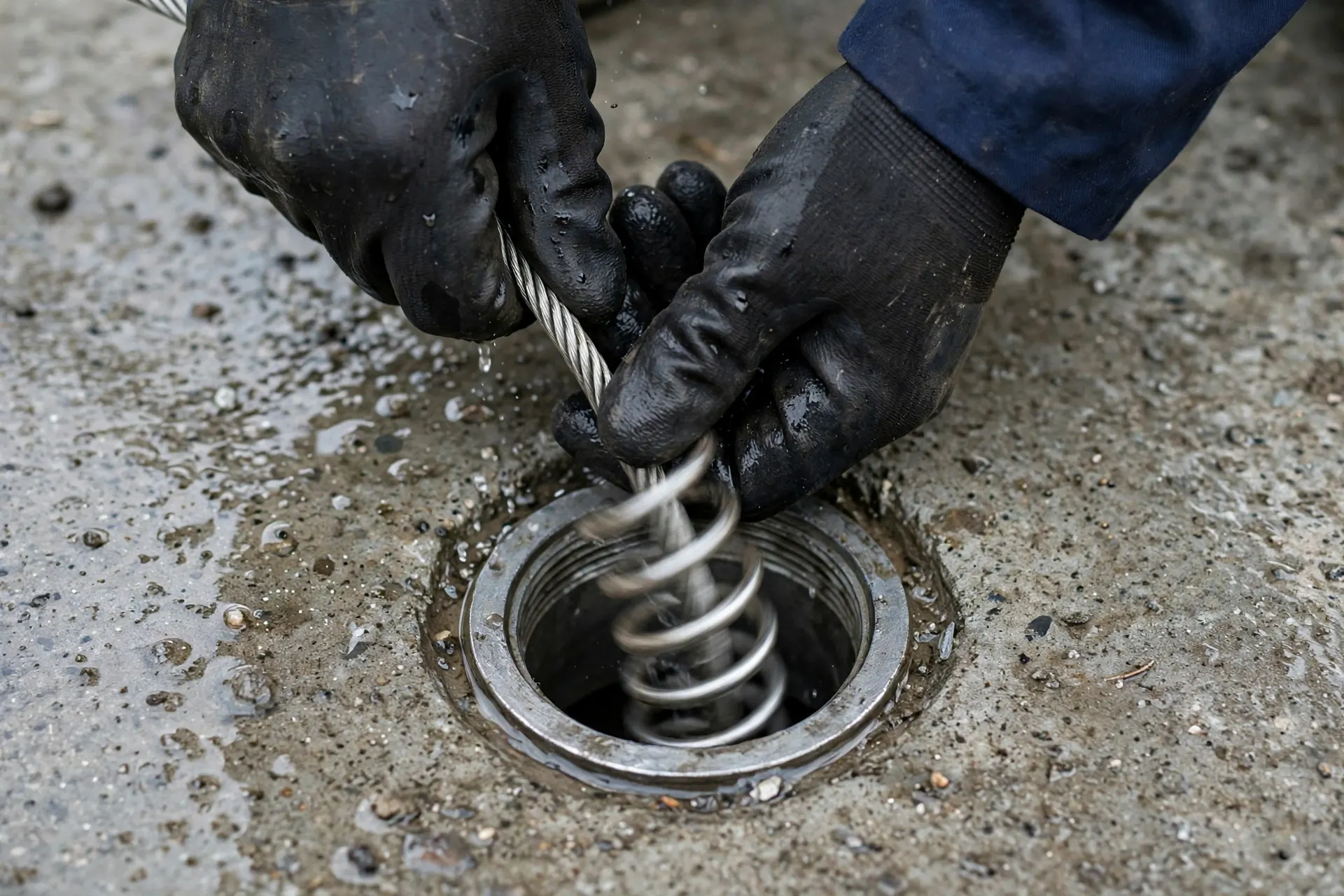 Gloved hands guiding a drain cable into a cleanout