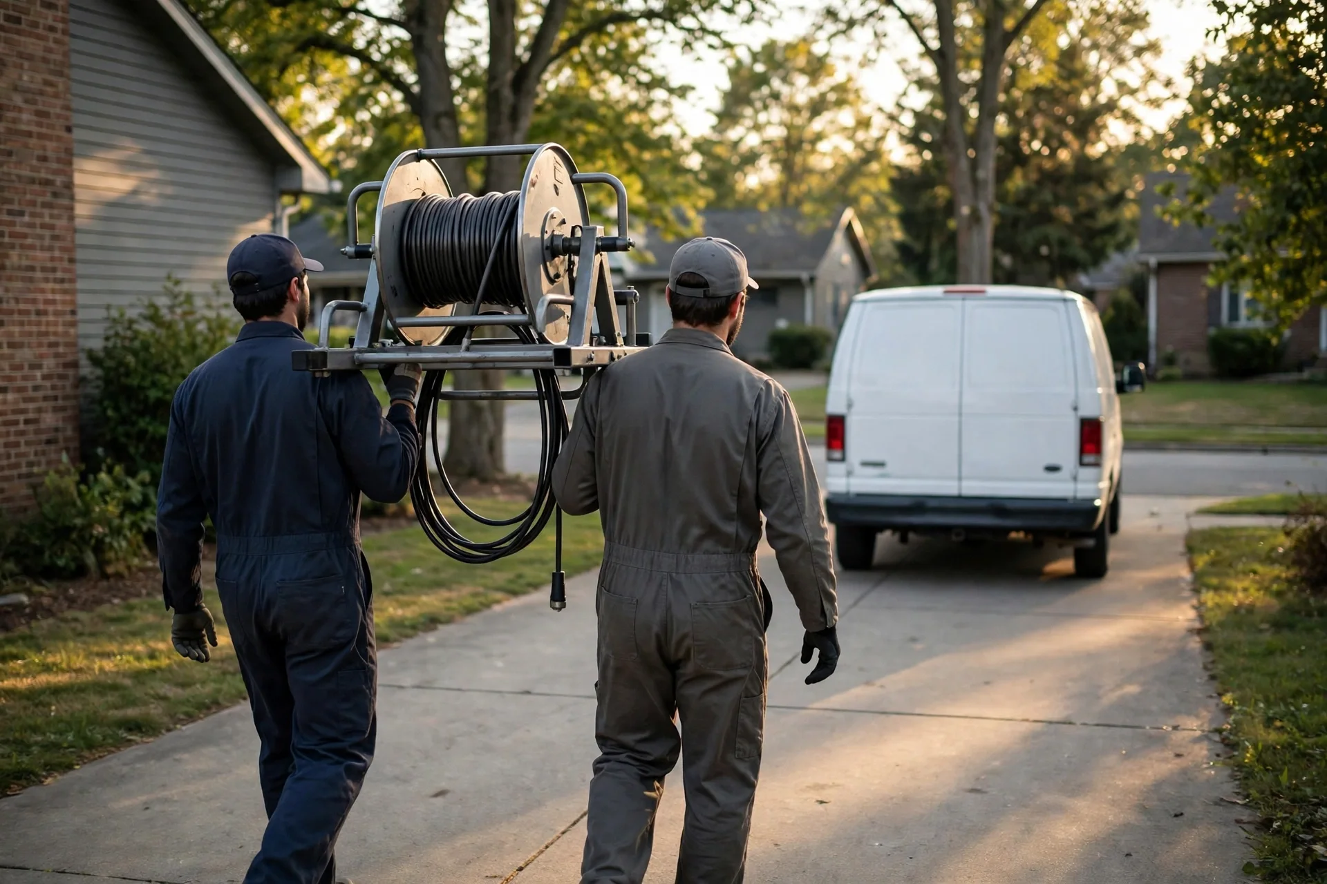Technicians carrying a cable machine down a driveway
