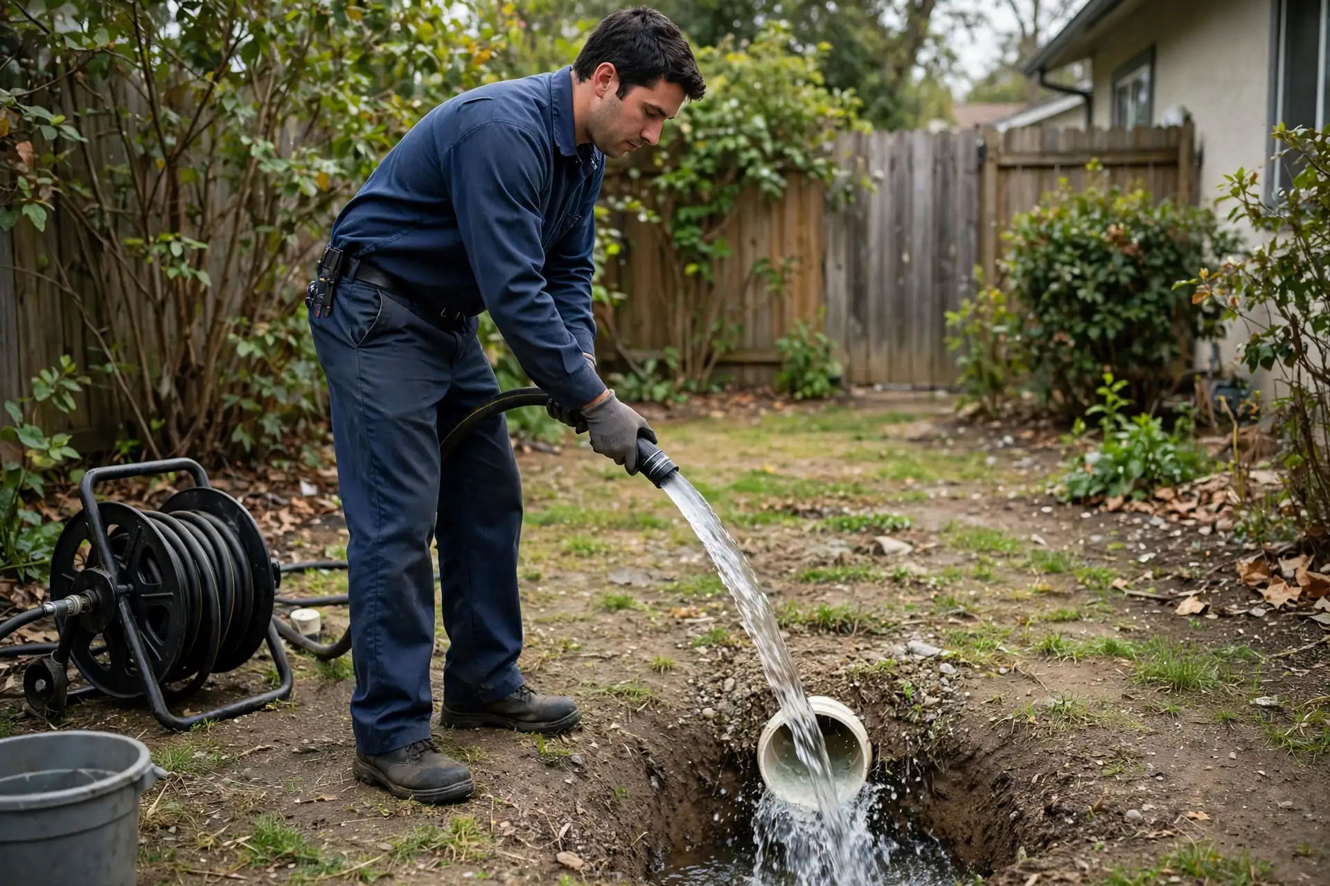 Worker flushing a cleaned sewer line at a side yard cleanout