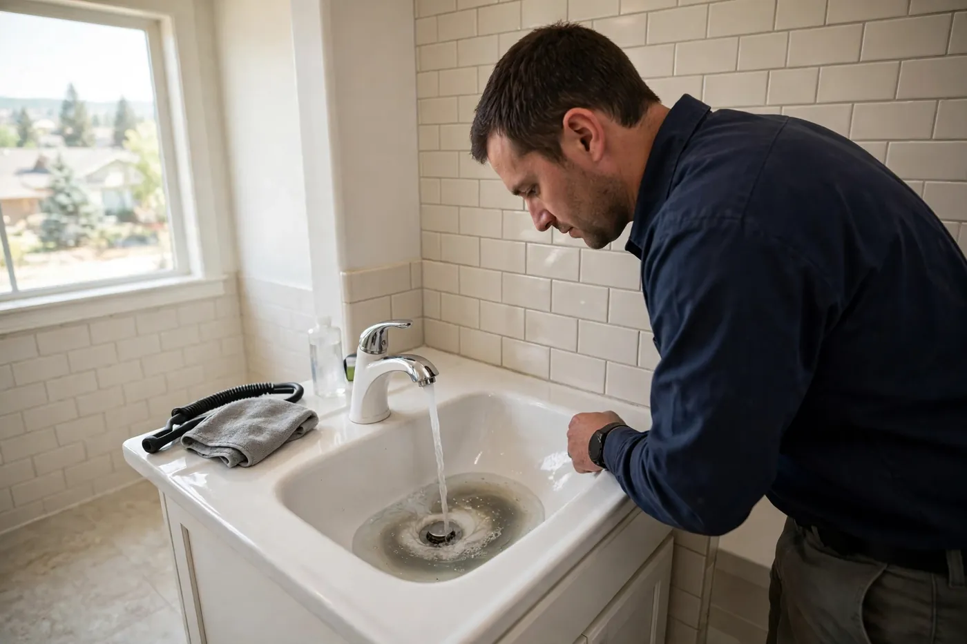 Technician in a plain uniform leaning over a bathroom sink, watching water drain slowly to judge the clog