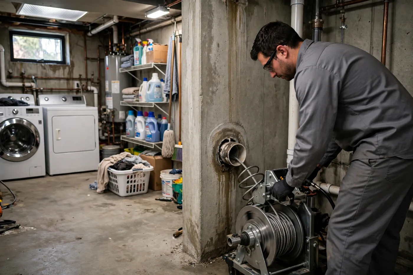Technician operating a cable drain machine feeding a cable into a branch pipe access in a basement laundry area