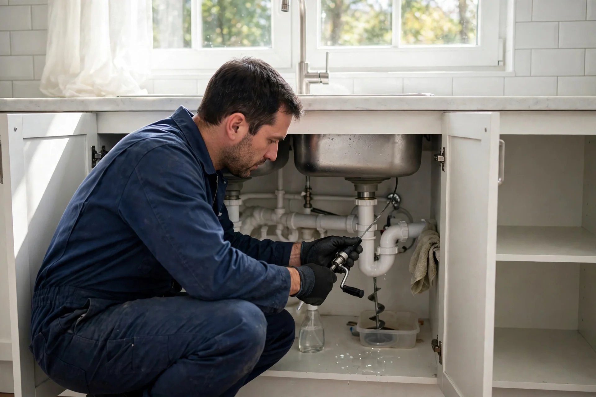 Technician augering a kitchen sink drain