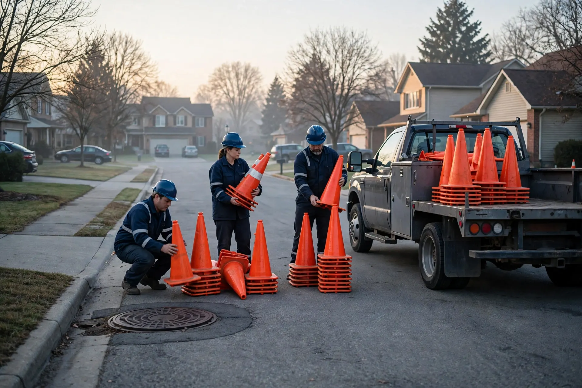 Crew finishing an early morning sewer call