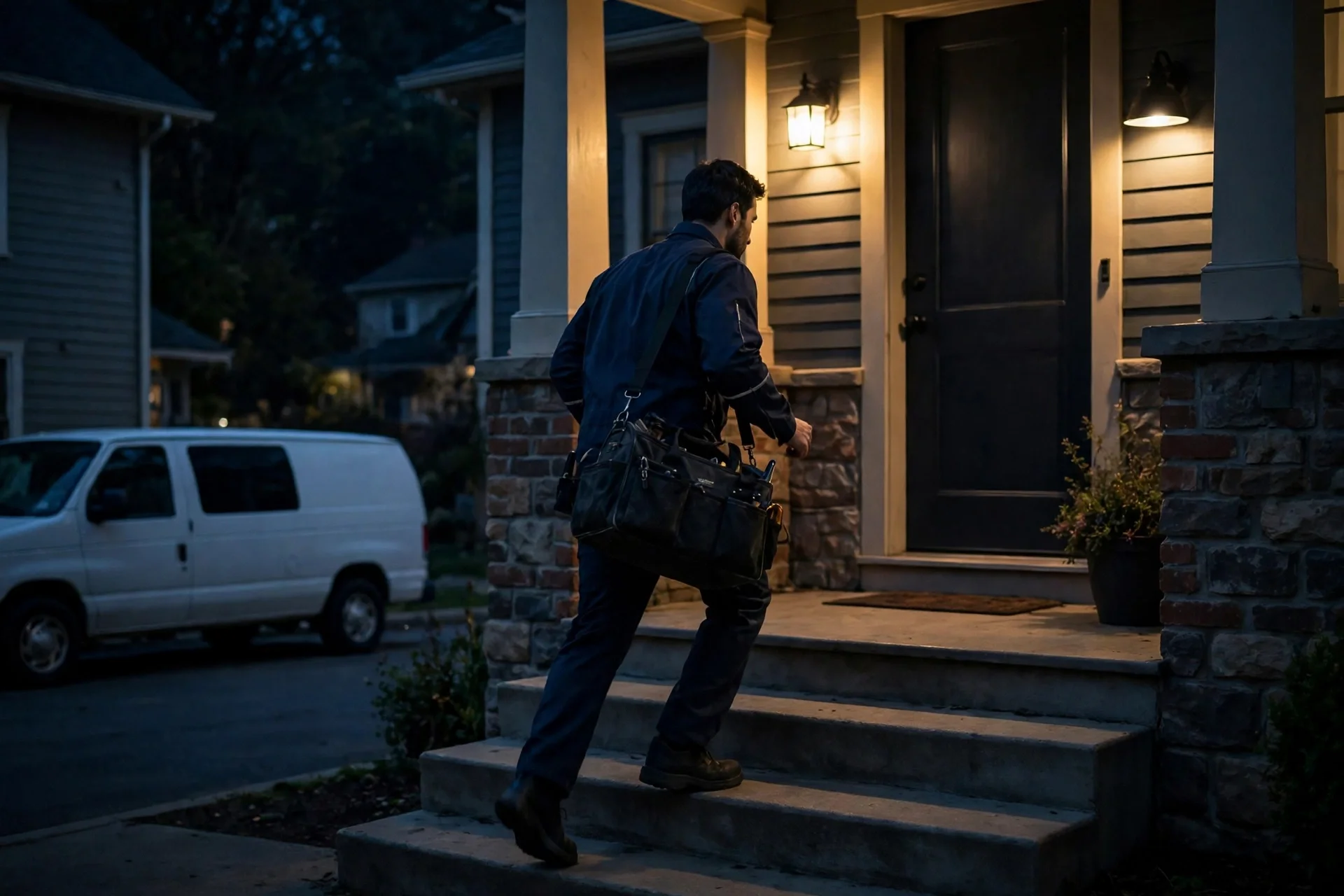 Worker arriving at a home for a nighttime sewer call