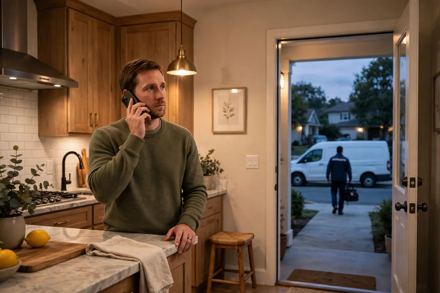 Homeowner in a warmly lit kitchen talking on a mobile phone at dusk, looking toward an open front door where an unmarked white service van has arrived at the curb