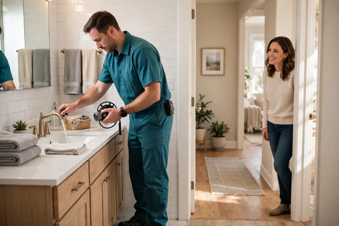 Technician running a bathroom faucet to test drainage flow in a tidy Littleton home, camera reel in hand, homeowner smiling in the doorway