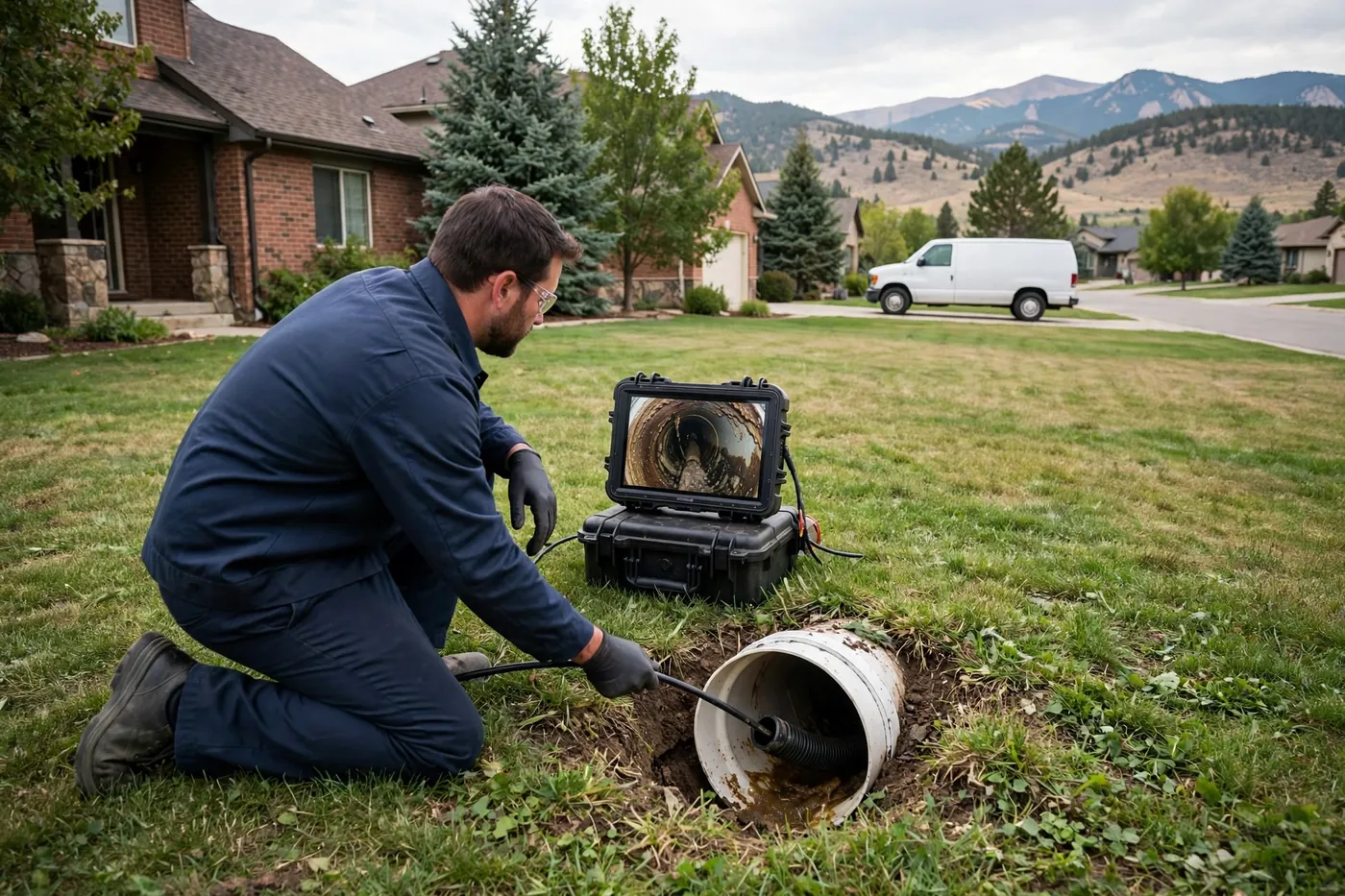 Plumber kneeling at a yard cleanout in Littleton watching a monitor showing grease deposits inside a sewer pipe