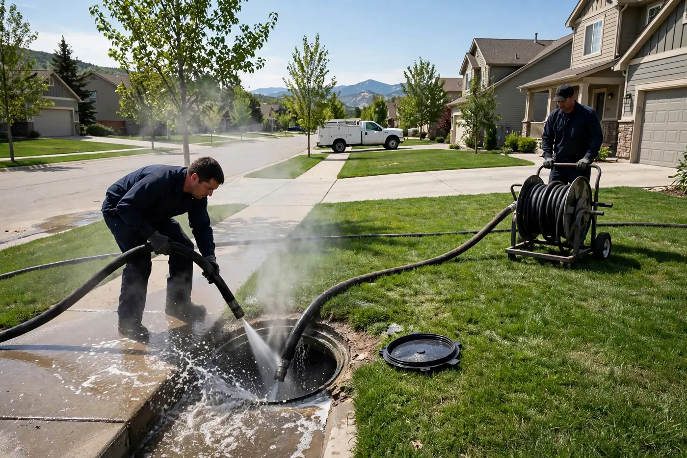 Two workers hydro jetting a sewer cleanout at the street, hose reel on the lawn and high-pressure spray in the access pit