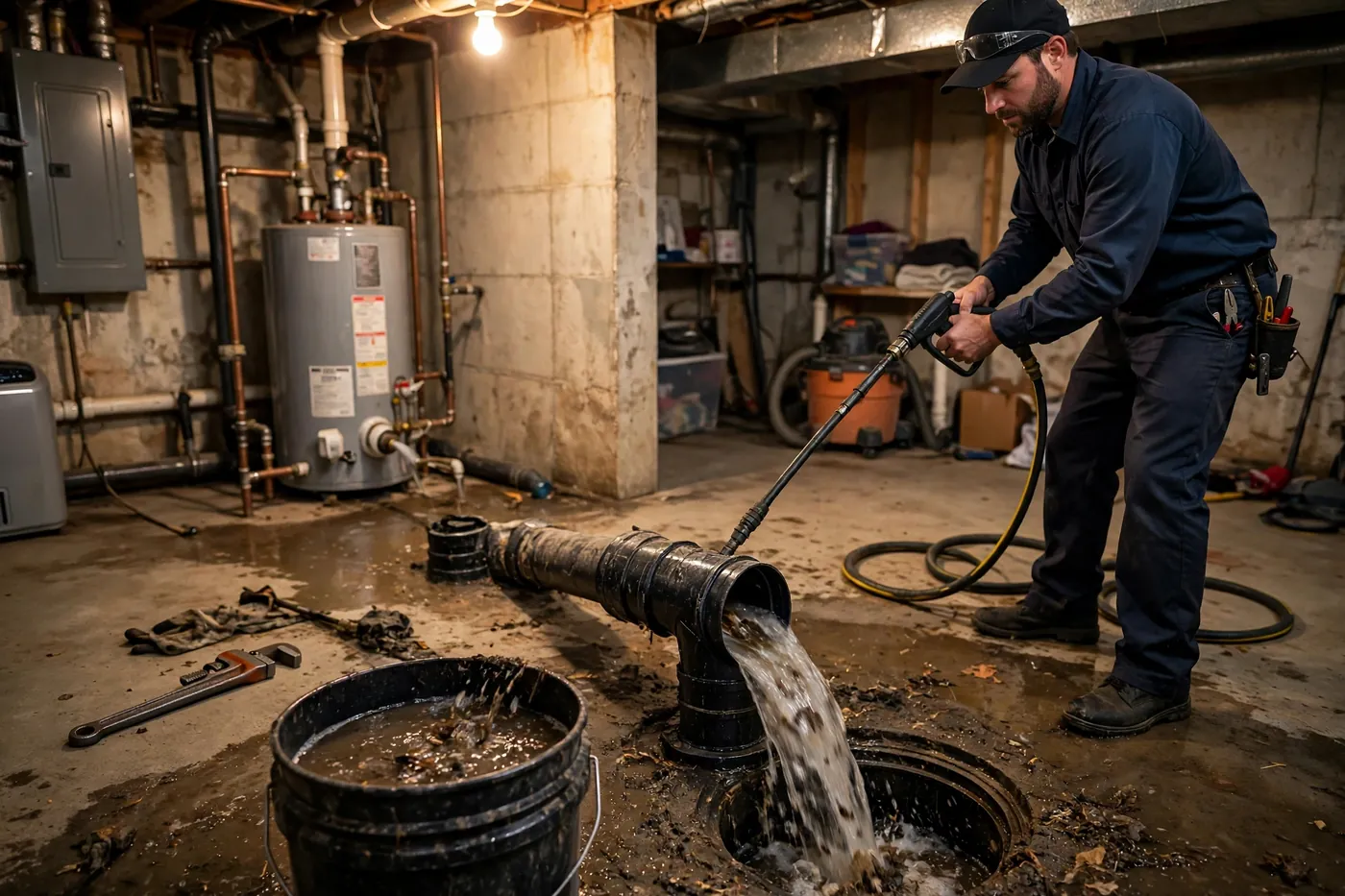 Plumber flushing a sewer line in a basement as a strong flow of water pours from an opened pipe into a floor drain