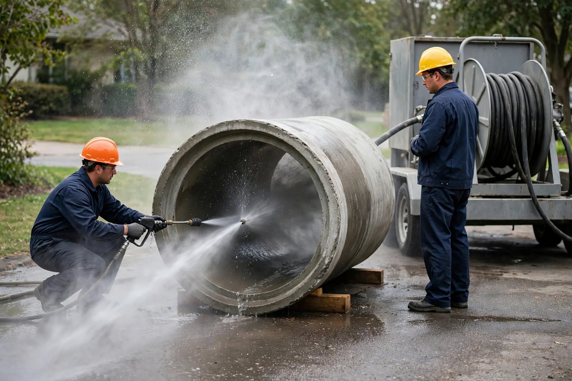 Jetting nozzle spraying inside an open pipe section