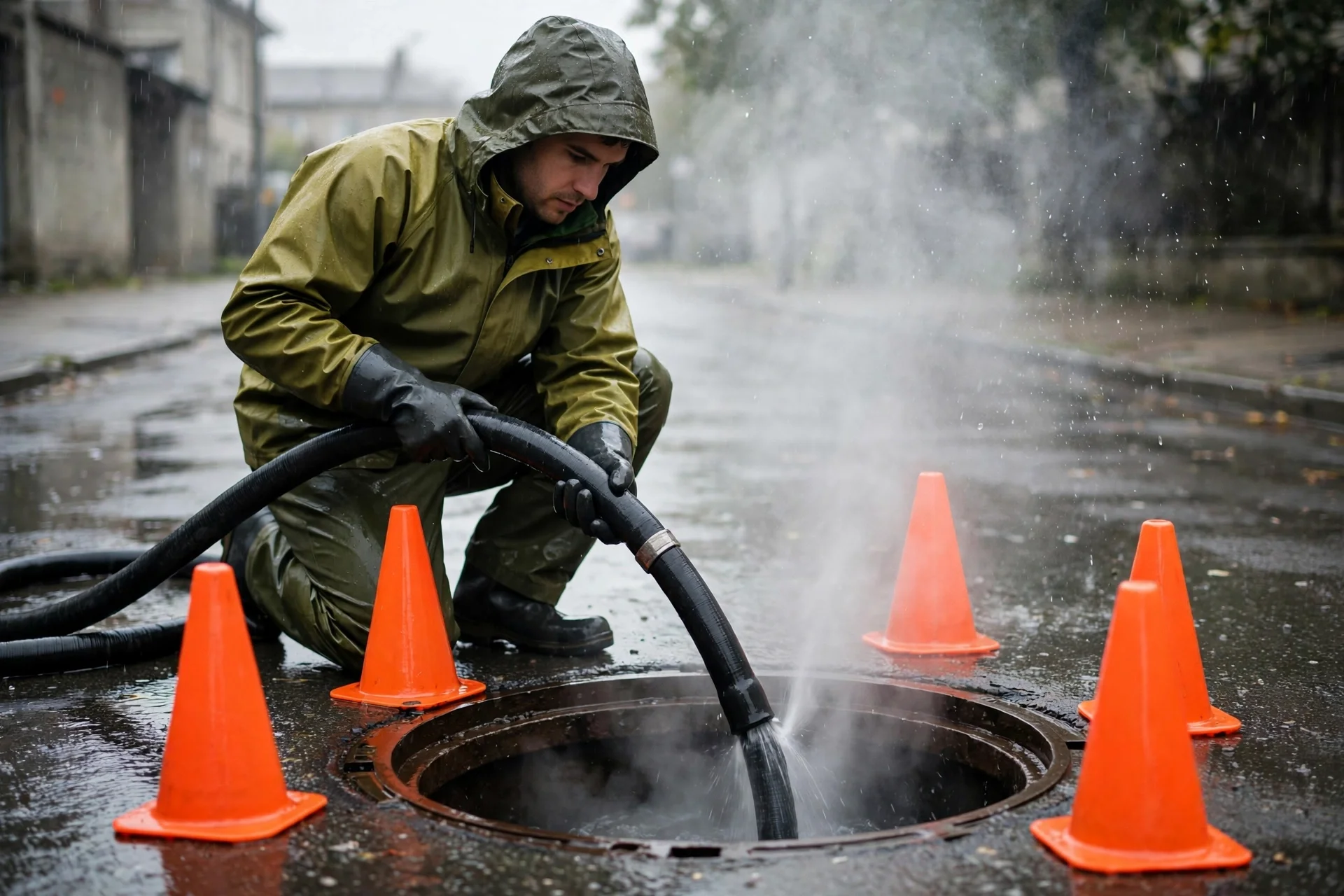 Technician jetting a street manhole