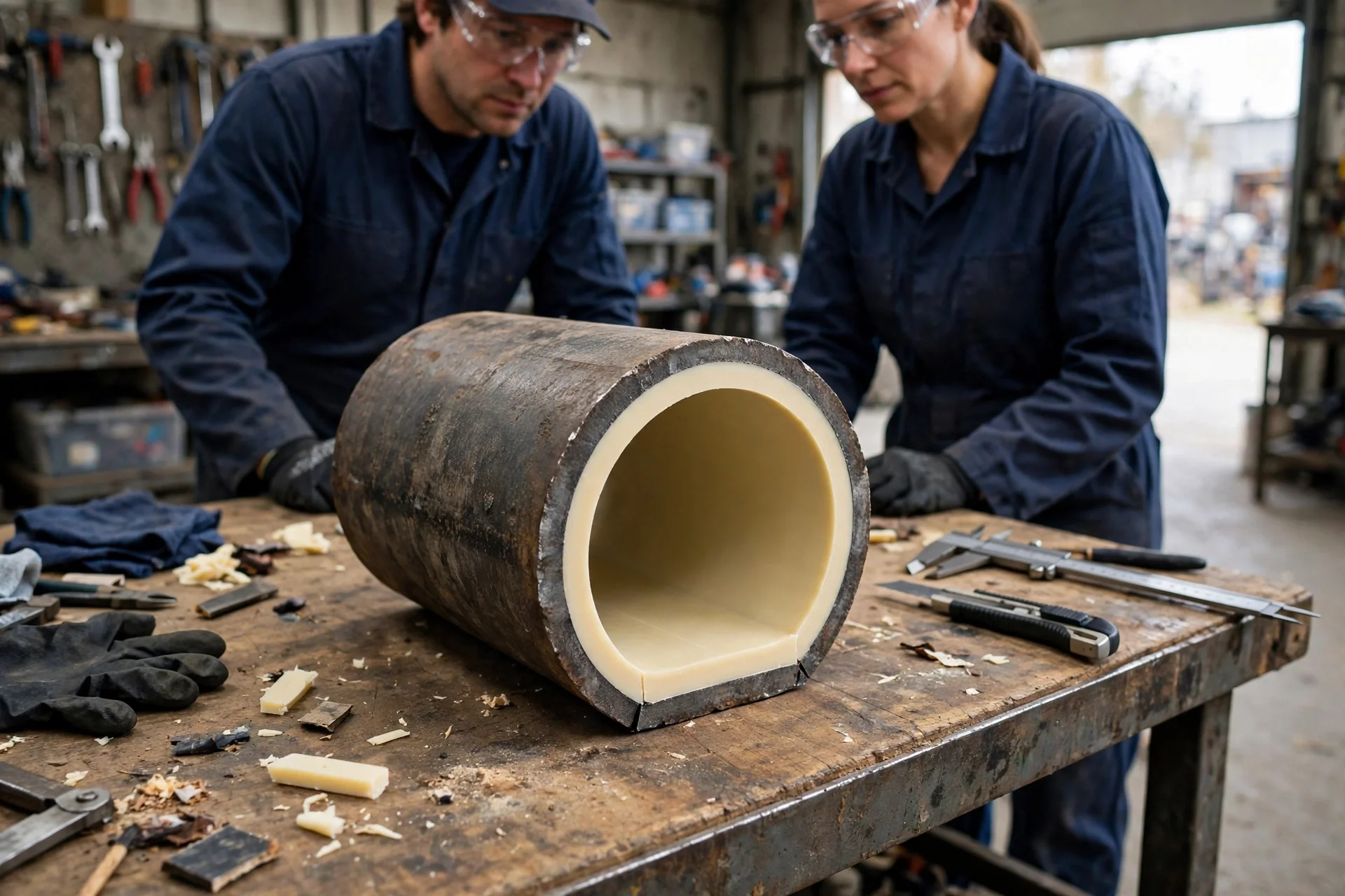 Cutaway sample of a pipe relined inside