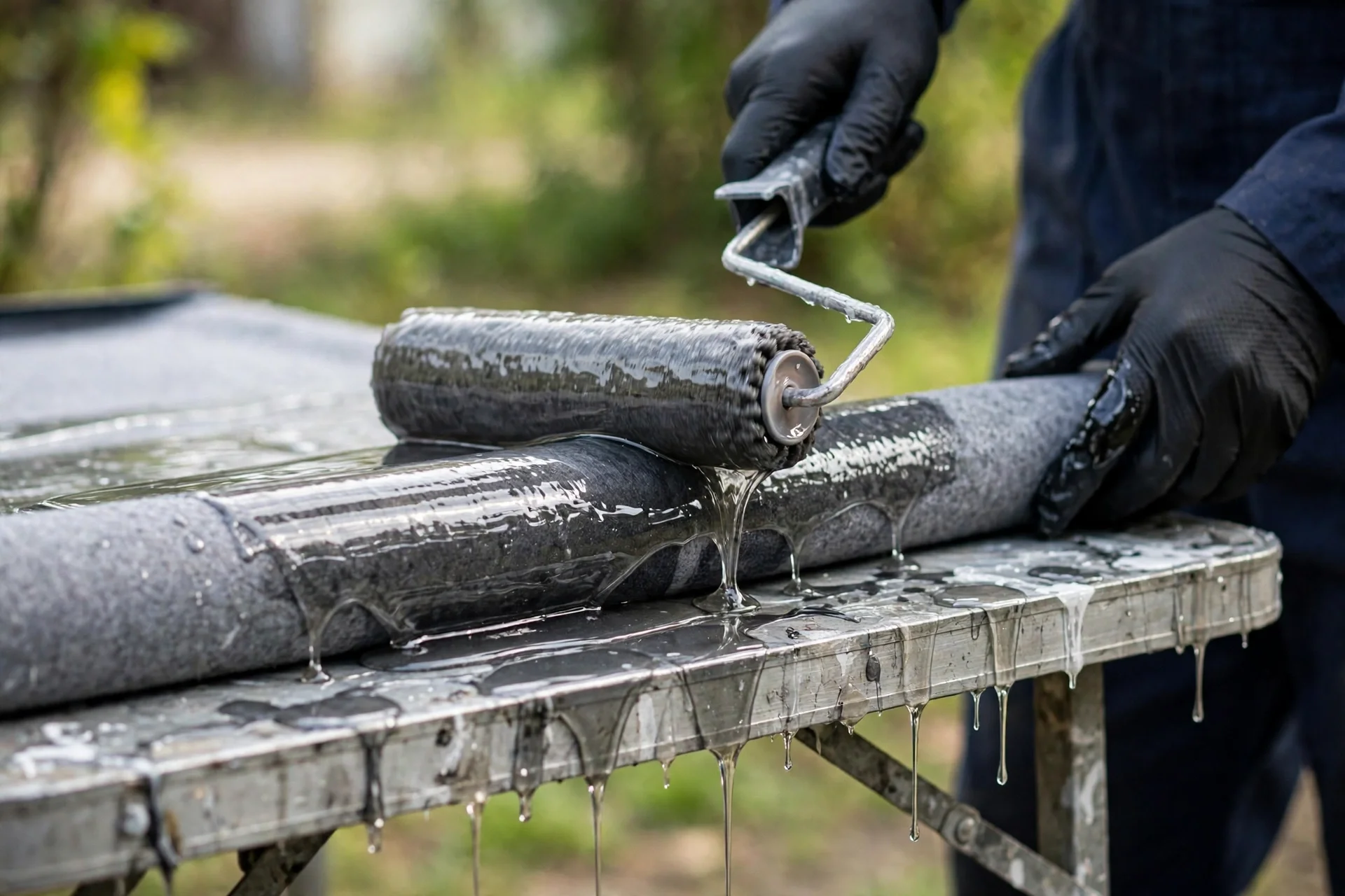Technician saturating a liner with resin