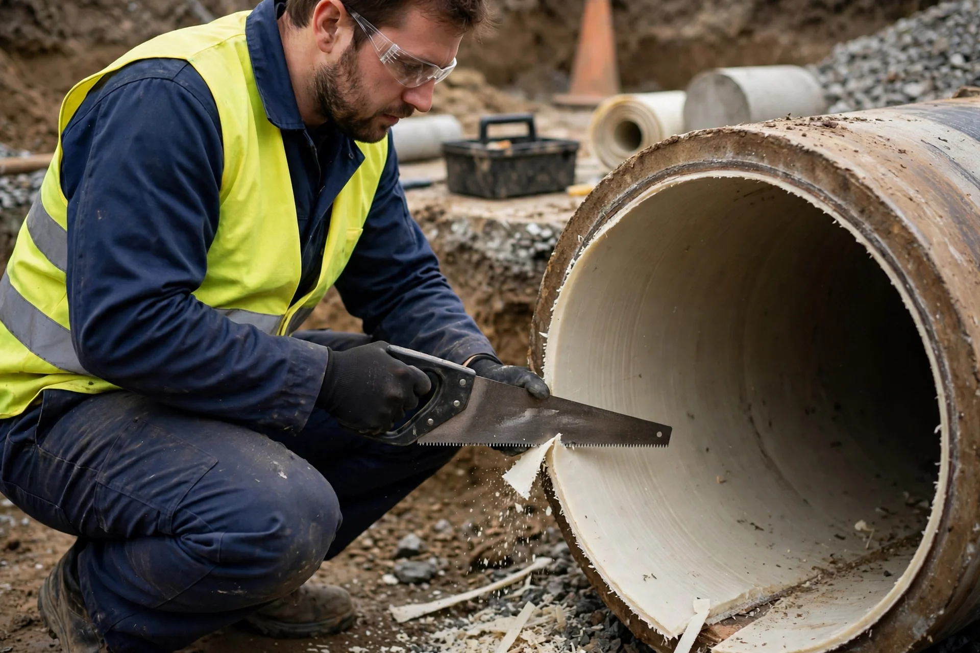 Technician trimming a cured liner at a pipe opening