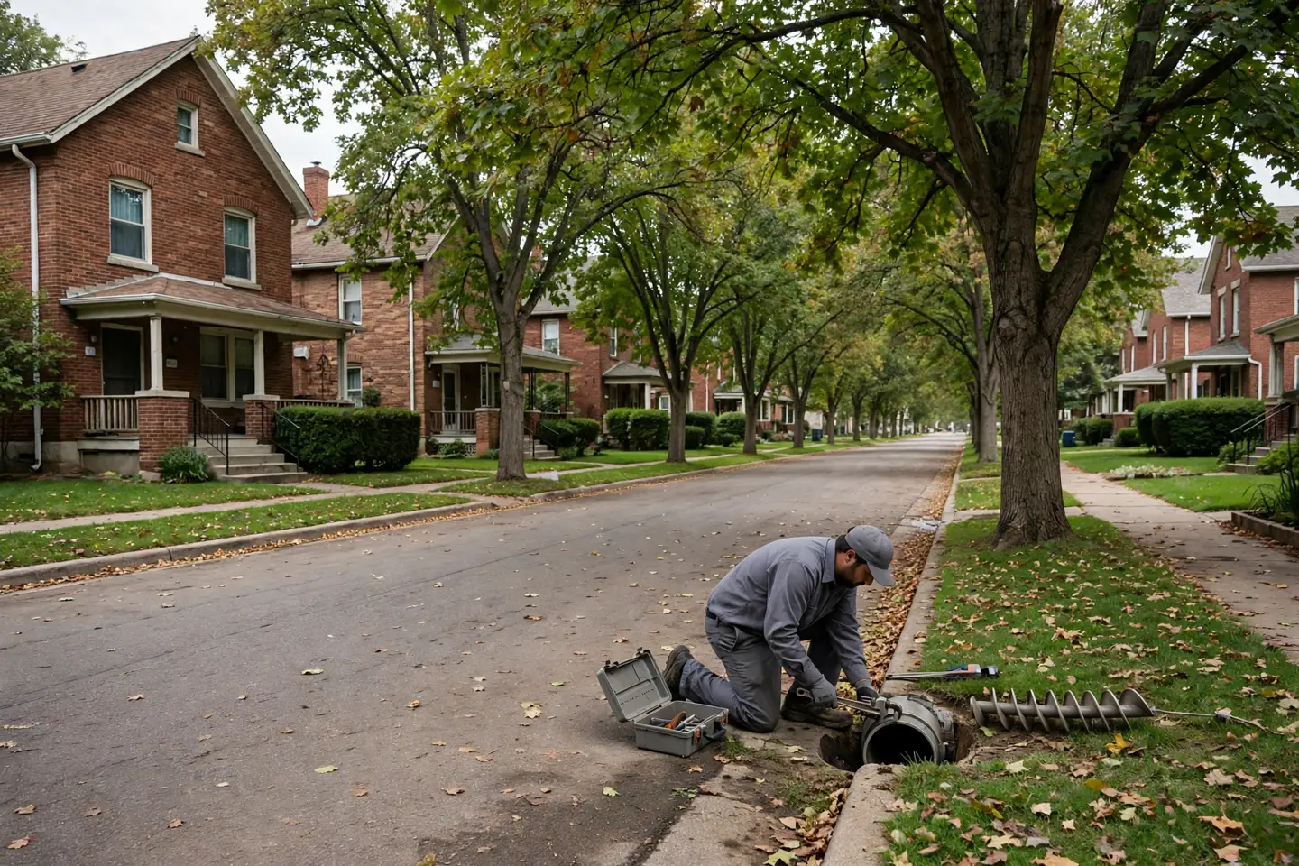 Technician working on a tree-lined Englewood street