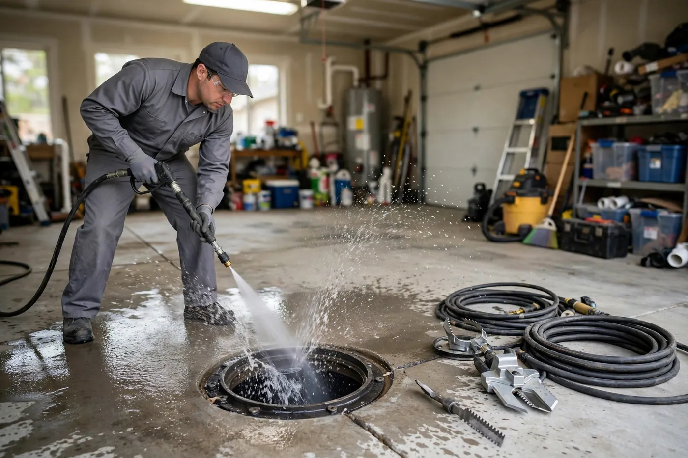 Worker in a gray uniform jetting a floor cleanout in a residential garage, with coiled hoses and a cutting tool beside him