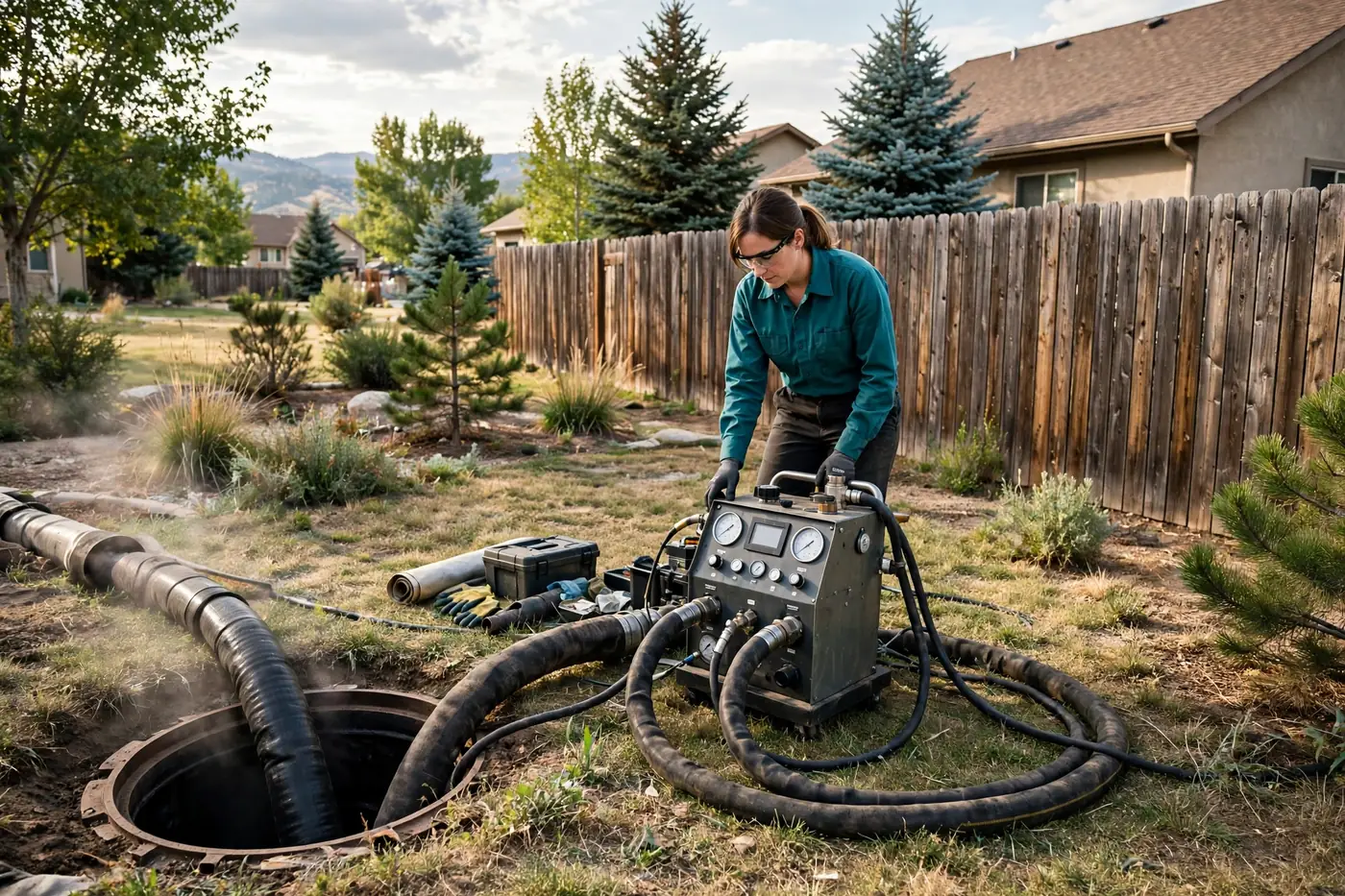 Female technician monitoring a curing control unit with gauges and thick hoses connected to a side-yard sewer access point