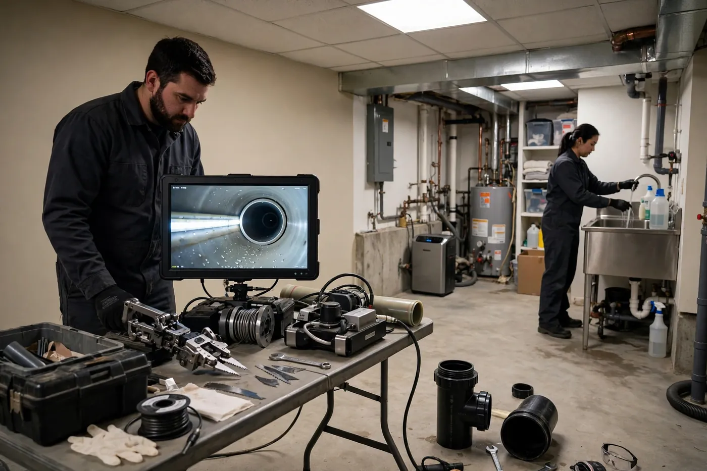 Technician holding a branch cutter and watching a monitor showing a reopened branch in a lined pipe, while a second worker flow-tests a basement laundry sink