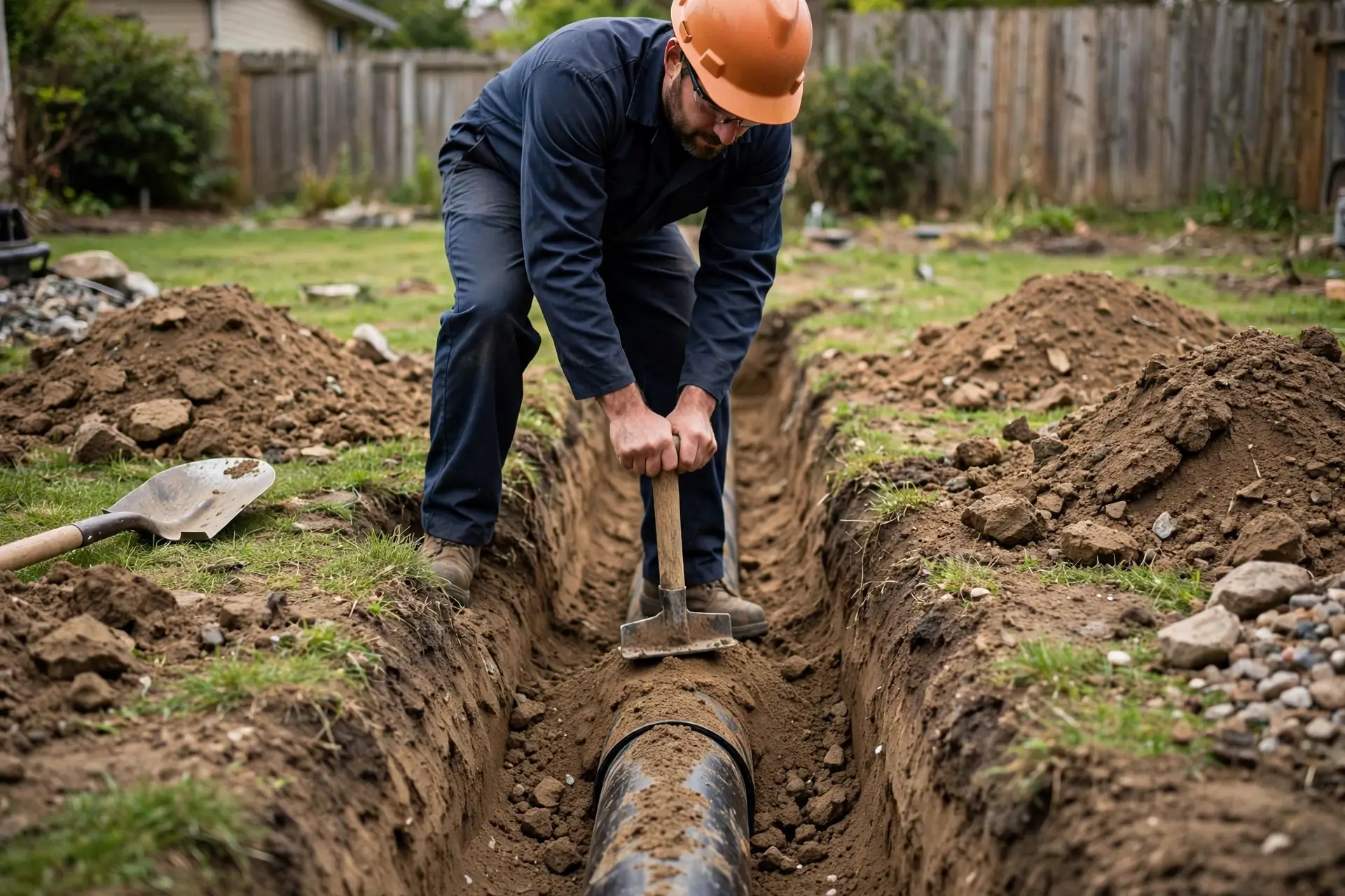 Worker compacting soil over a repaired sewer line