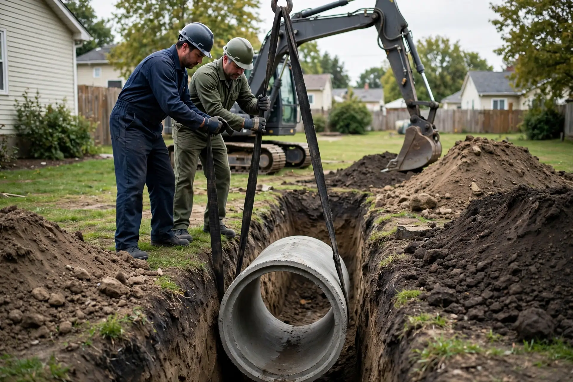Workers lowering a pipe section into a trench