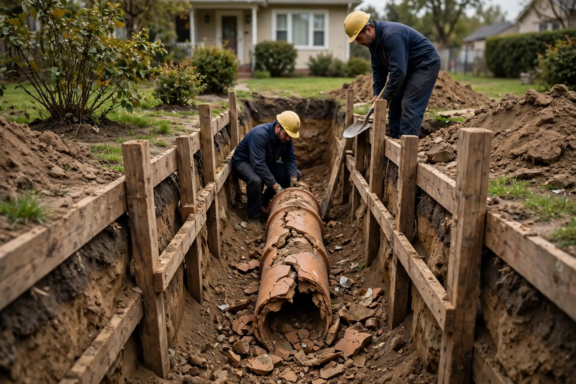 Exposed damaged sewer pipe in a shored trench