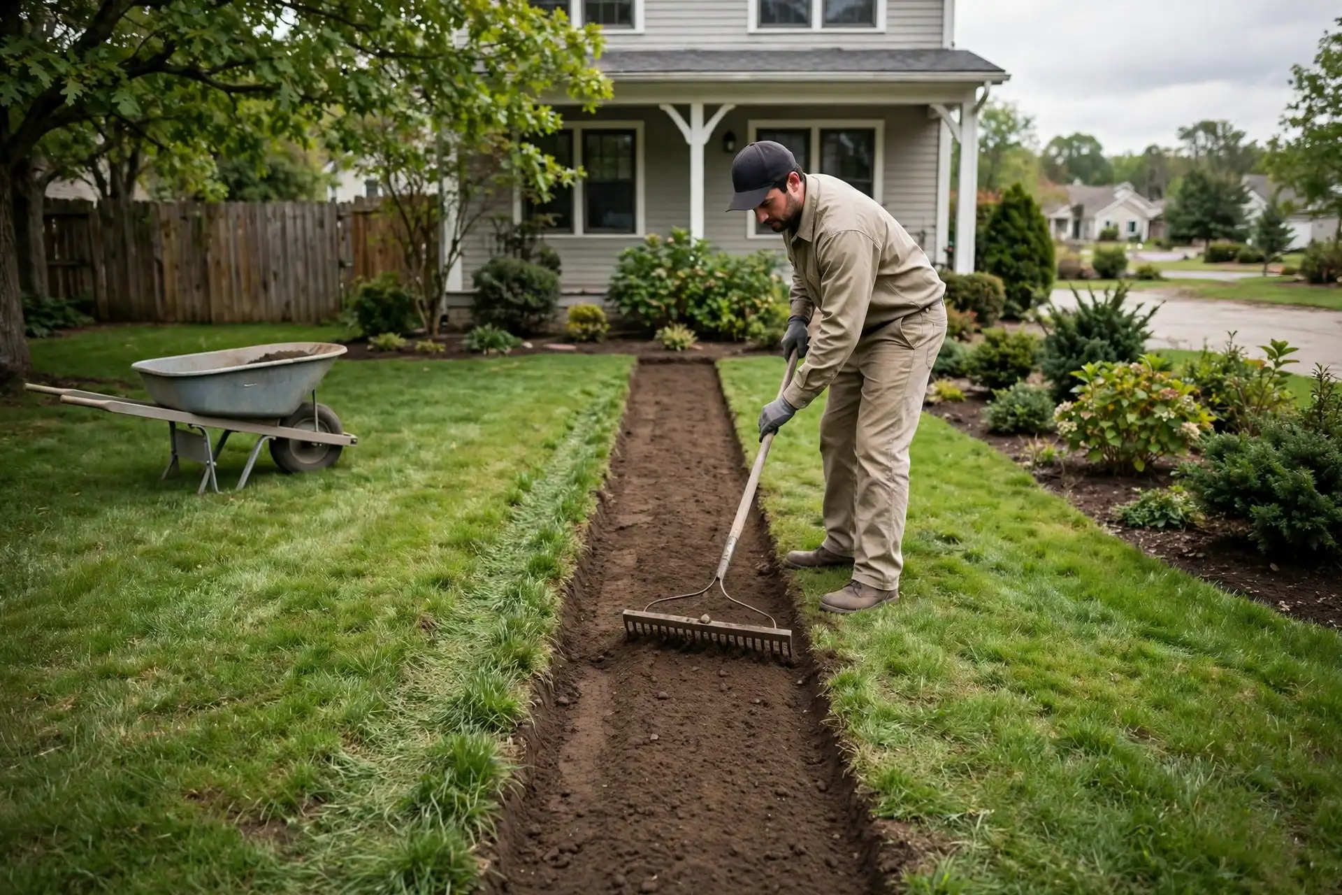 Yard being restored after sewer line repair