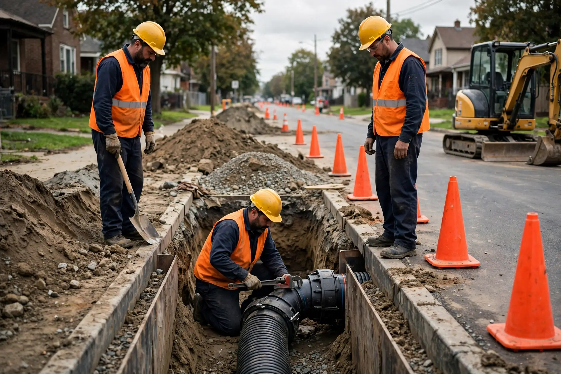 Crew connecting a new line at the street tap