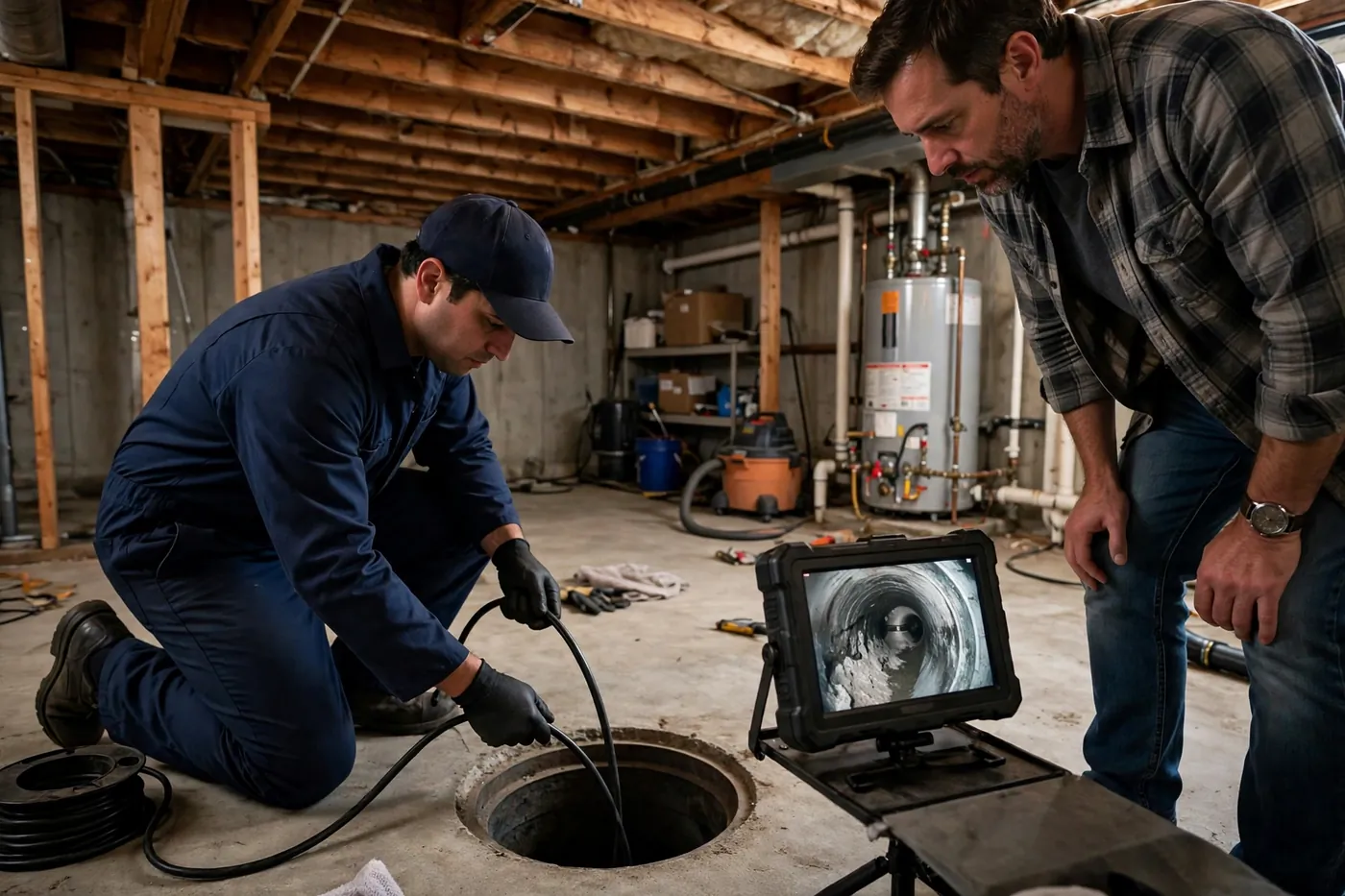 Technician feeding a sewer camera into a basement cleanout while the homeowner watches the pipe interior on a portable monitor