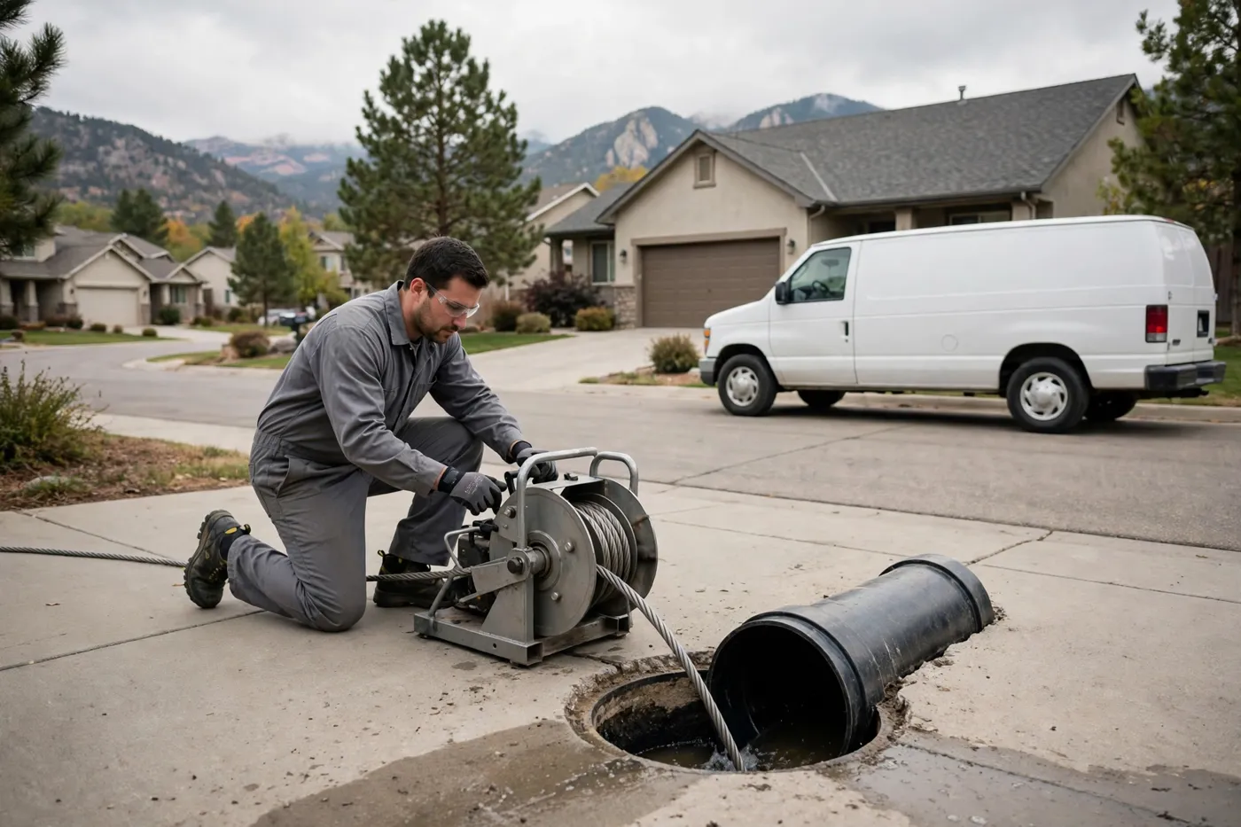 Worker in a plain gray uniform running a cable clearing machine into a driveway cleanout, with an unmarked white van behind