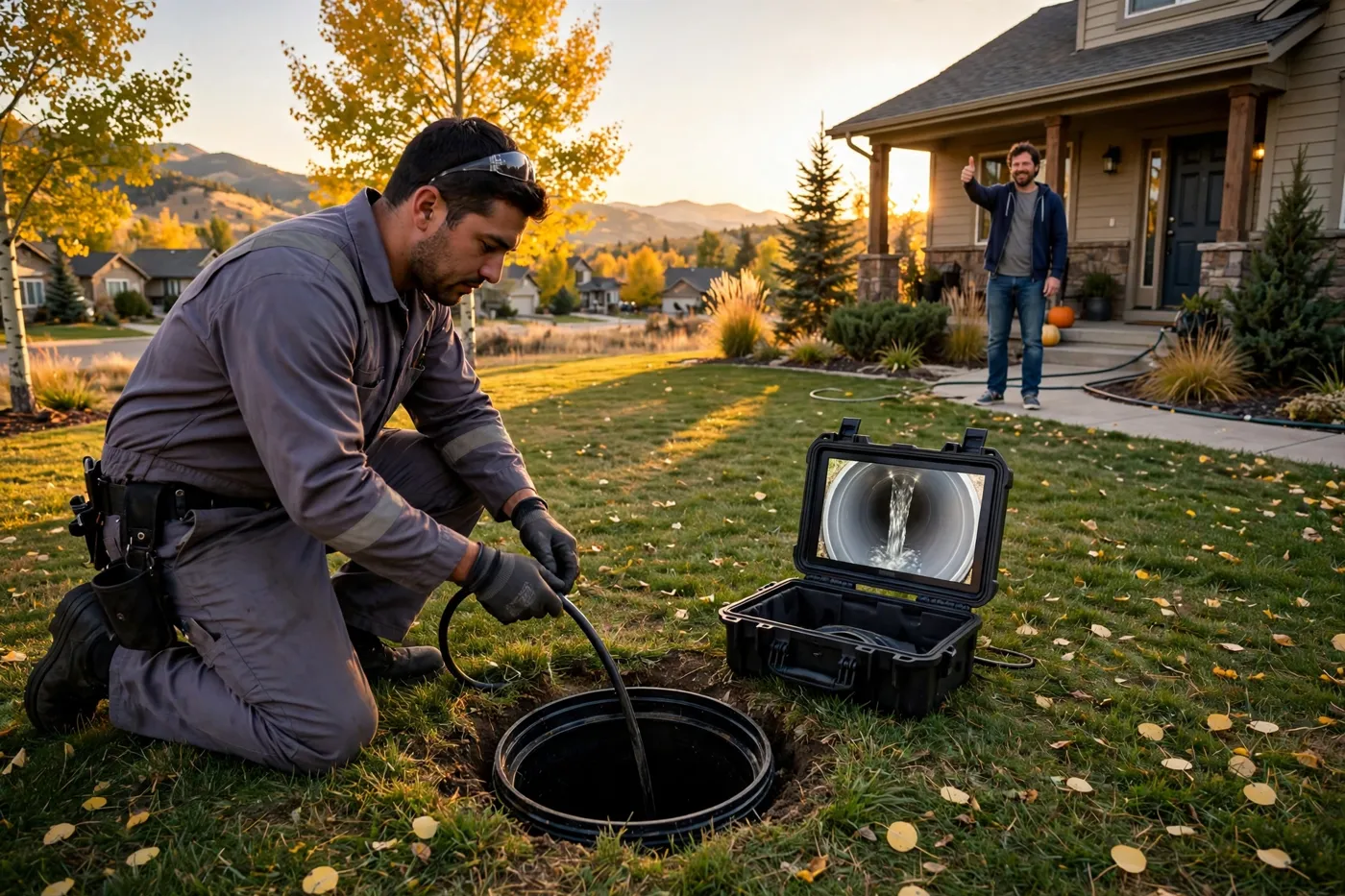 Technician doing a second camera pass at a front-yard cleanout at sunset, monitor showing a clean pipe with clear water flowing, homeowner giving a thumbs up