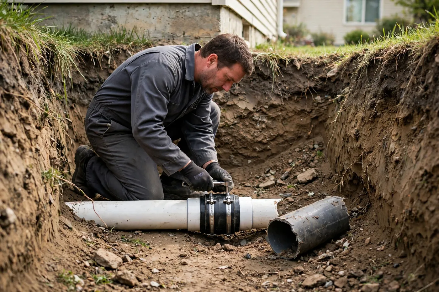 Worker in a trench tightening a sealed coupling on a new white sewer pipe section beside the cut-out failed pipe
