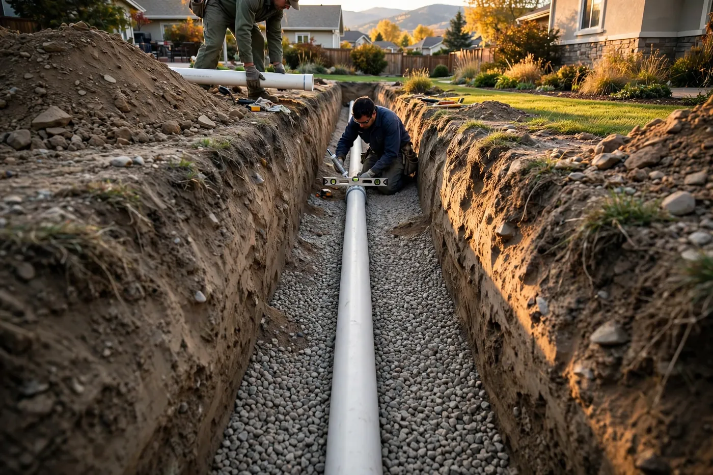 Worker in a trench checking the level and sealing a joint on a new white sewer pipe laid straight on gravel bedding, second worker handing down the next pipe section