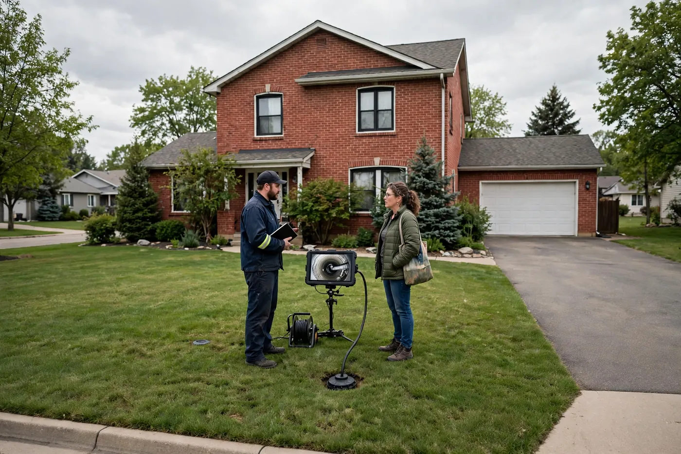 Worker discussing trenchless options with a homeowner on an intact front lawn beside a camera monitor showing the inside of the old pipe, red brick house behind