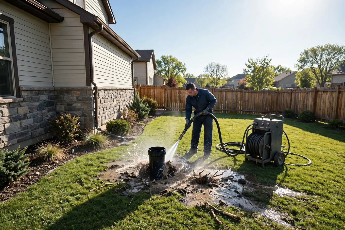 Worker hydro jetting a sewer cleanout in a side yard, unmarked jetting machine with coiled hose beside him, roots and debris flushed out around the cleanout