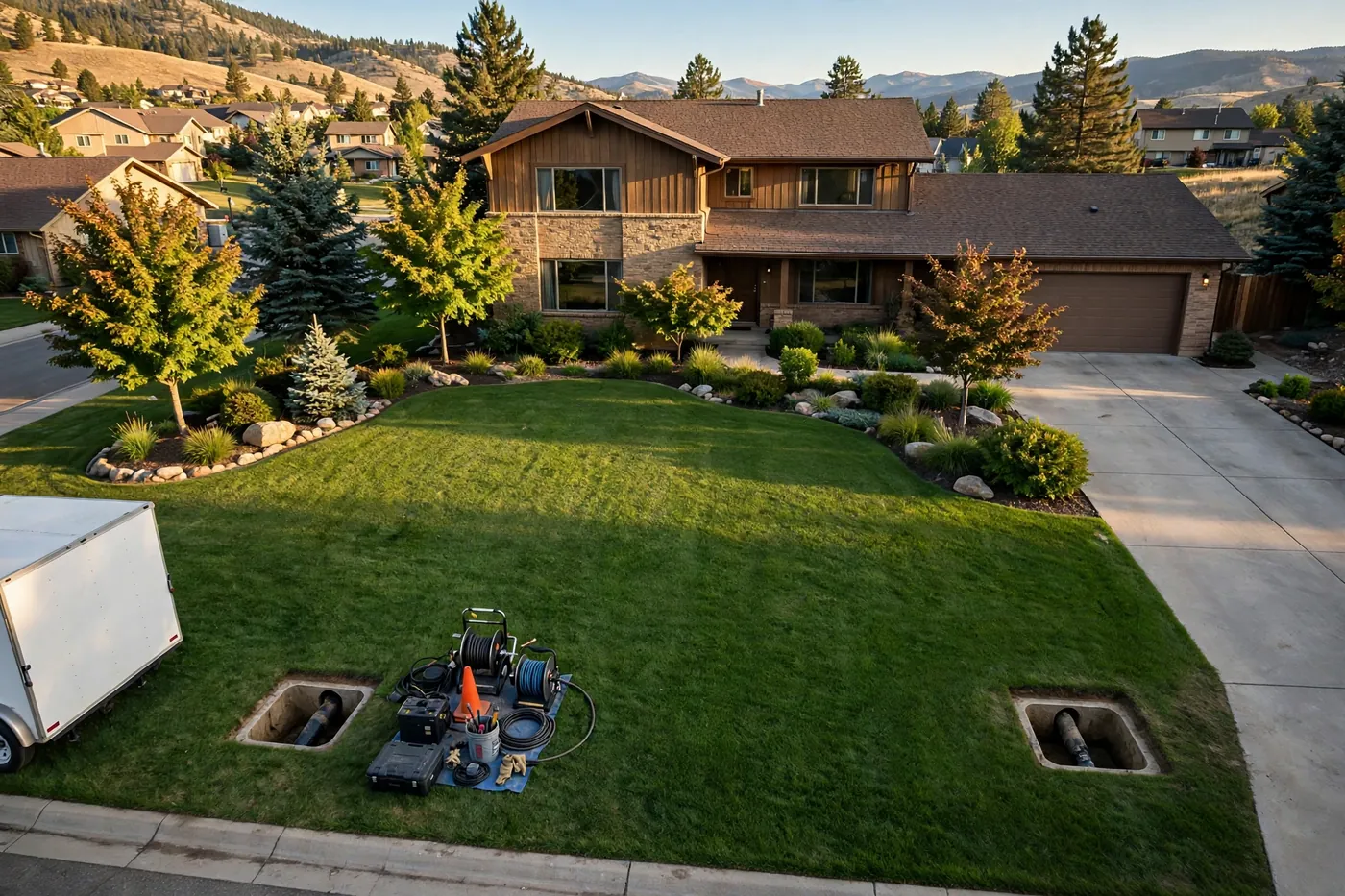 Elevated view of two small neat access pits with exposed pipe ends at opposite ends of a pristine front lawn, trenchless equipment staged tidily between them